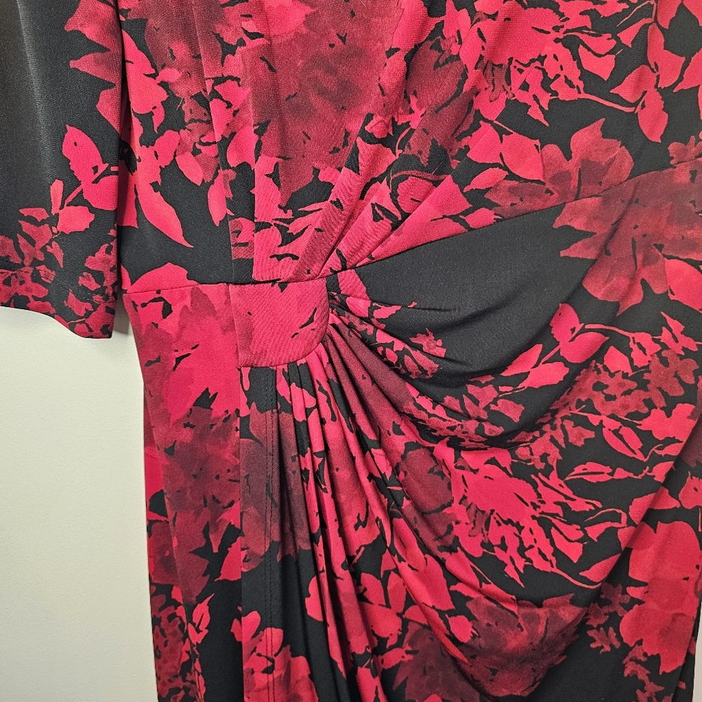 Connected Apparel Red Floral Faux Wrap Midi Dress Size 12 - Picture 4 of 11
